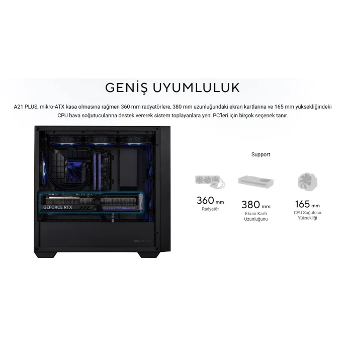 ASUS A21 PLUS Gaming Powersız Siyah ARGB Fan Mid Tower ATX Kasa