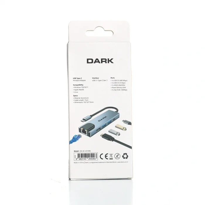 DARK DK-AC-U31X46 5i 1 Arada USB 3.1 Type-C to Ethernet / HDMI USB 3.0 - USB 2.0 / USB-C 65W Macbook Port Çoklayıcı HUB