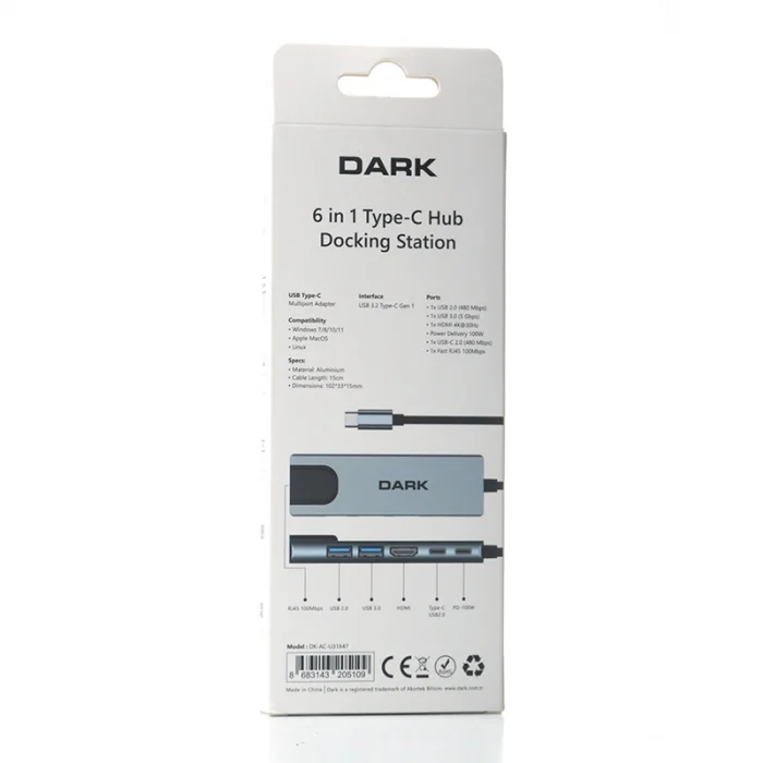 DARK DK-AC-U31X47 6sı 1 Arada USB 3.2 Type-C to Ethernet / HDMI USB 3.0 - USB 2.0 / USB-C 65W Macbook Port Çoklayıcı HU