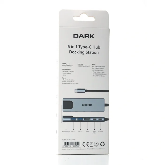 DARK DK-AC-U31X47 6sı 1 Arada USB 3.2 Type-C to Ethernet / HDMI USB 3.0 - USB 2.0 / USB-C 65W Macbook Port Çoklayıcı HU