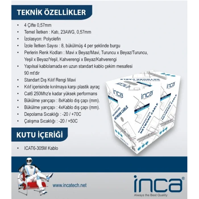 INCA ICAT6-305M CAT6 UTP 305 Metre 23 AWG 0.57MM Network Kablosu