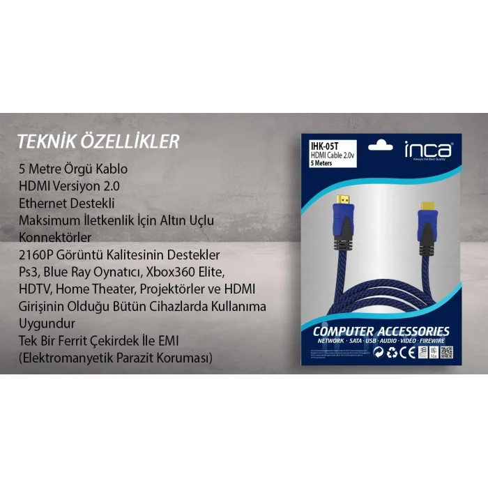INCA IHK-05T 5 Mt 2.0V 4K& 2K & FULL HD HDMI Kablo