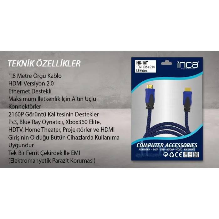 INCA IHK-18T 1.8 Mt 2.0V 4K& 2K & FULL HD HDMI Kablo