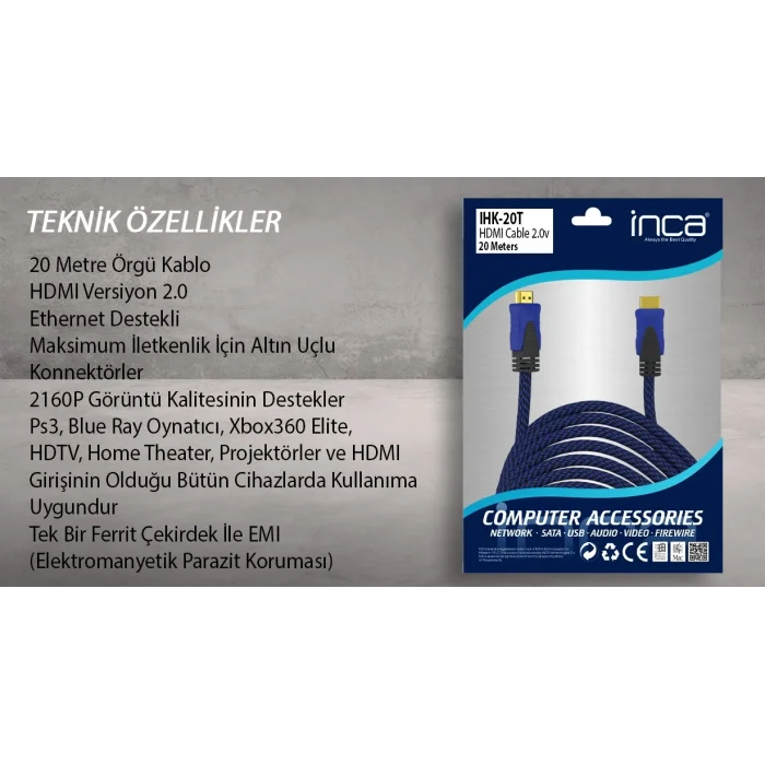 INCA IHK-20T 20 Mt 2.0V 4K& 2K & FULL HD HDMI Kablo