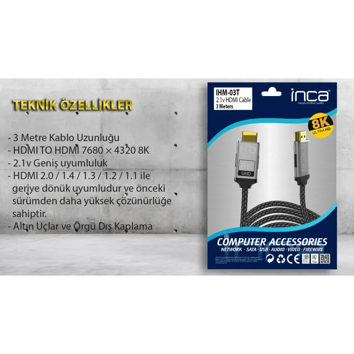 INCA IHM-3T 3 Mt 2.1V HIGH SPEED 8K HDMI Kablo