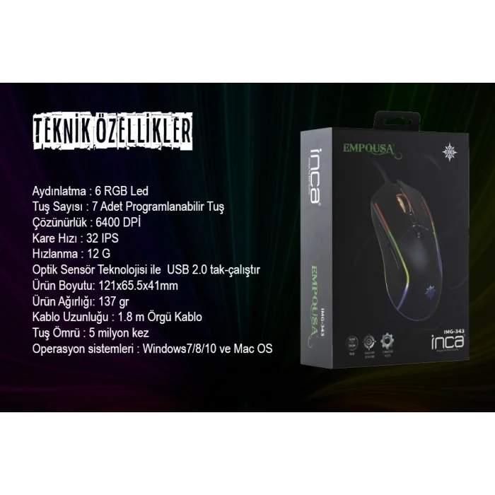 INCA IMG-343 USB 6400dpi siyah RGB Optik Oyuncu Mouse