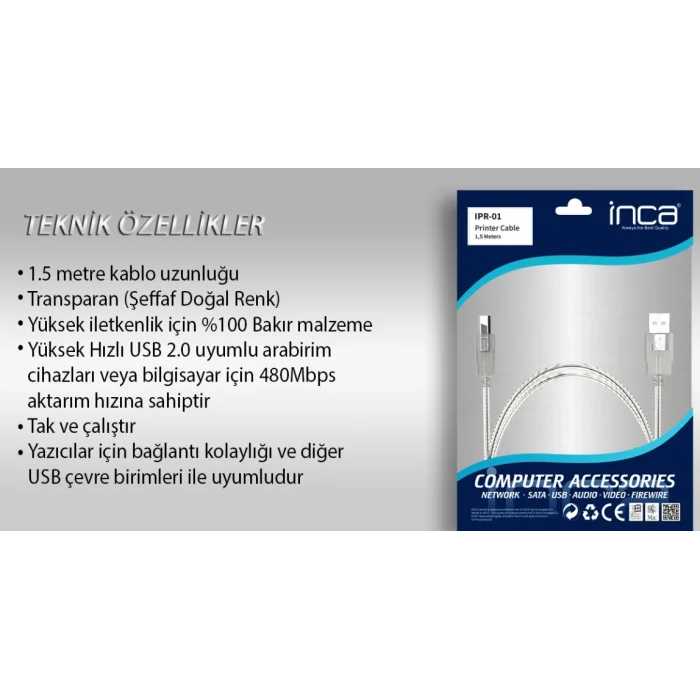 INCA IPR-1T 1.5 Mt USB 2.0 Yazıcı Kablosu