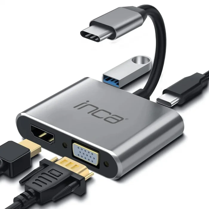 INCA ITPC-06T USB C 4ü 1 Arada Adaptör USB C – HDMI+VGA+USB Güç Dağıtım Adaptörü