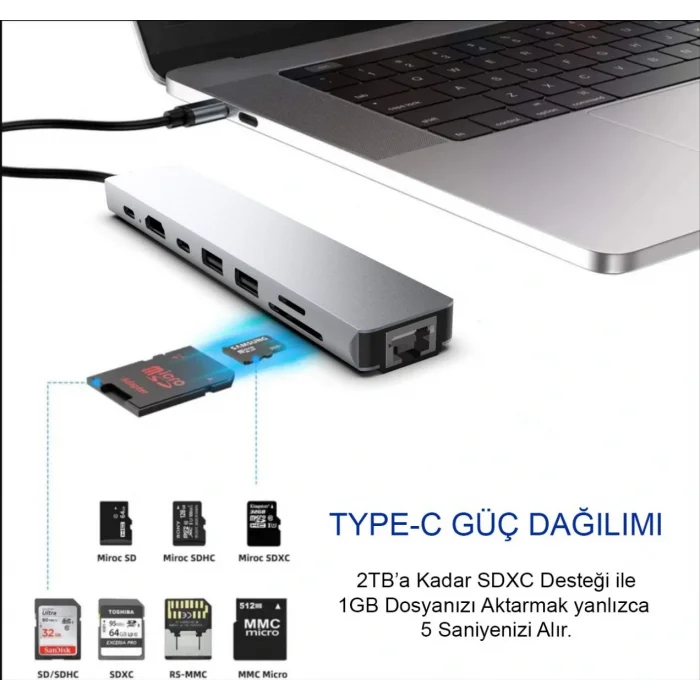 INCA ITPC-7T 8 Port Type-C Hub+Çevirici Aluminyum Çoklayıcı