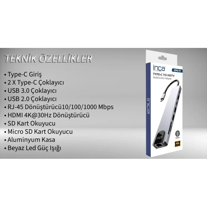INCA ITPC-7T 8 Port Type-C Hub+Çevirici Aluminyum Çoklayıcı