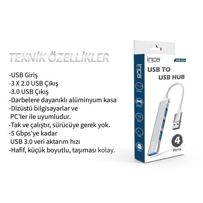 INCA IUSB-4TUX 4 Port 3xUSB 2.0+1xUSB 3.0 USB Çoklayıcı