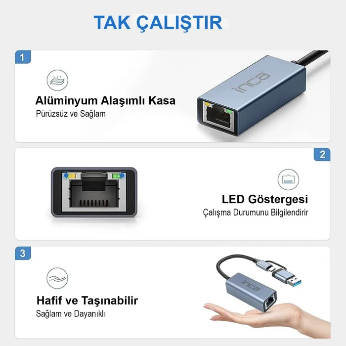 INCA IUTP-01T USB 3.0 & TYPE-C 10/100/1000Mbps Gigabit Ethernet Adaptörü