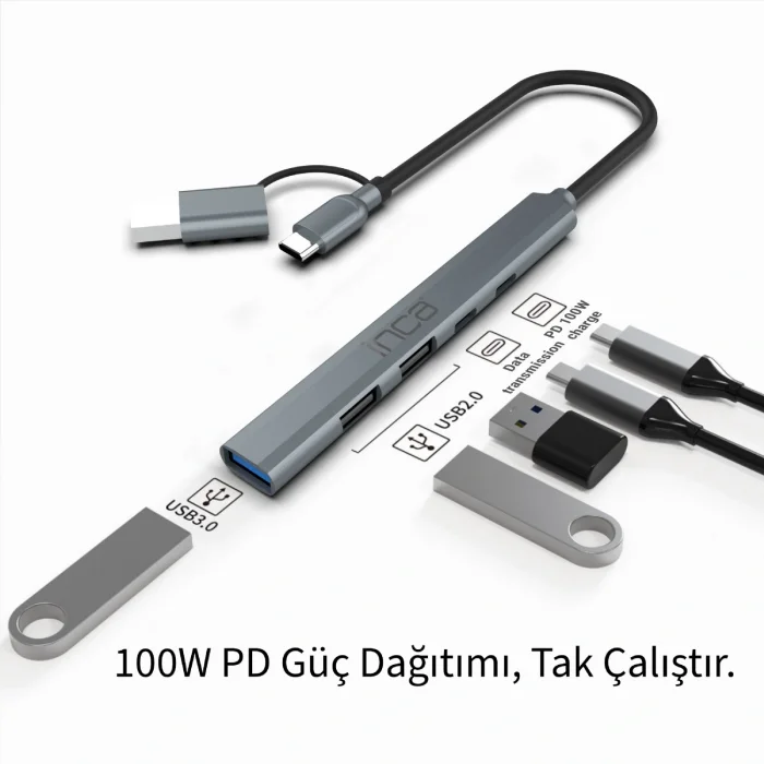 INCA IUTP-06T USB 3.0 & Type-C 3.1 1 X USB 3.0 +2 X USB+Type-c PD100W 2.0 Aluminyum Kasa