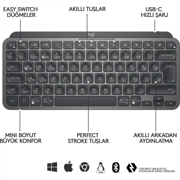 LOGITECH MX KEYS MINI MINIMALIST KABLOSUZ BLUETOOTH AYDINLATMALI Q TR KLAVYE SİYAH 920-010504