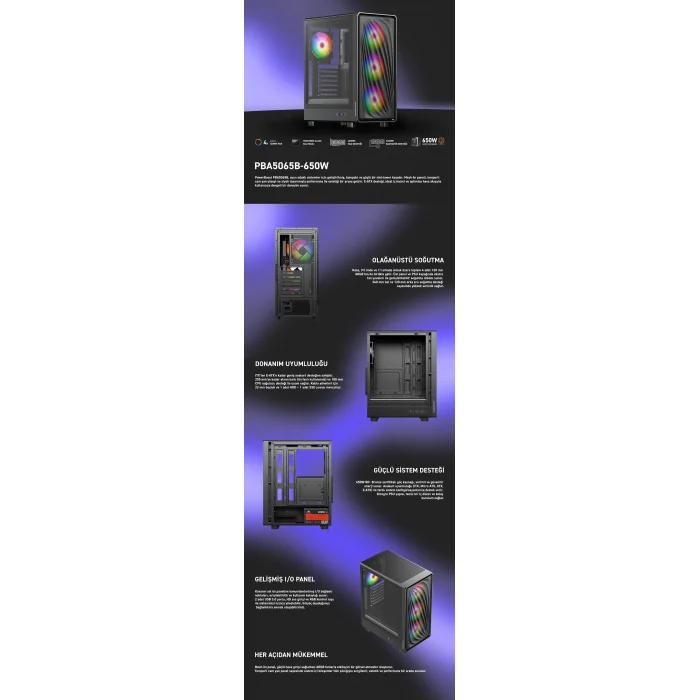 POWER BOOST PB-A5065B 600W 80+ Bronze Siyah Mesh Panel Mid Tower ATX Kasa