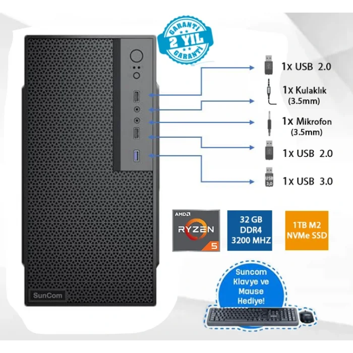 SUNCOM Force SC3-176 Ryzen 5 PRO 5650G 32GB 1TB SSD O/B DOS Masaüstü PC Wi-Fi