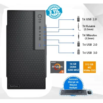 SUNCOM Force SC3-175 Ryzen 5 PRO 5650G 16GB 512GB SSD O/B DOS Masaüstü PC Wi-Fi