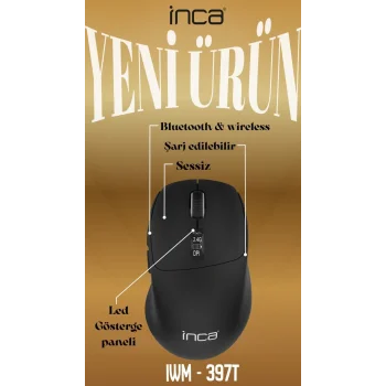 INCA IWM-397T Bluetooth & 2.4G Kablosuz siyah LED Gösterge Ekranı Şarjlı Mouse