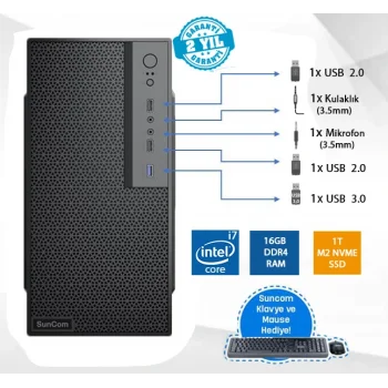 SUNCOM Force SC3-115 i7-12700 16GB 1TB SSD O/B DOS Masaüstü PC Wi-Fi