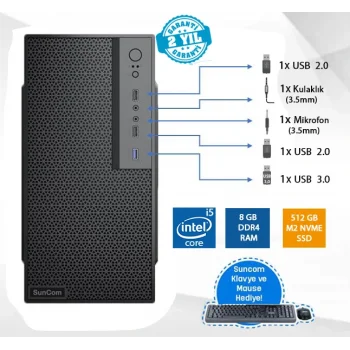 SUNCOM Force SC3-137 i5-7500 8GB 512GB SSD O/B DOS Masaüstü PC Wi-Fi