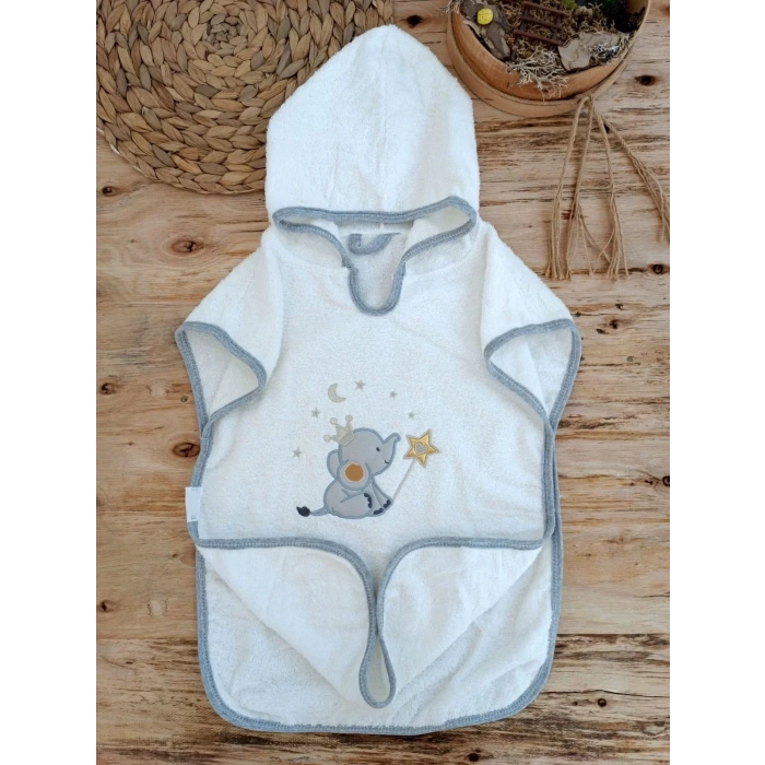0,1 Yaş Sevimli Fil Nakışlı Pareolu 4lü Kız Erkek Bebek Havlu Silgi Takımı Ekru