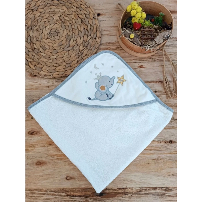 0,1 Yaş Sevimli Fil Nakışlı Pareolu 4lü Kız Erkek Bebek Havlu Silgi Takımı Ekru