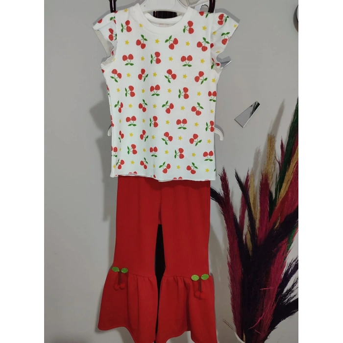 1-2-3-4 Yaş Kiraz Baskılı Tişört İspanyol Paçalı Likralı 2li Kız Çocuk Takımı Kırmızı