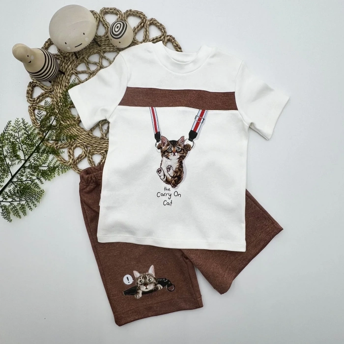 1-2-3 Yaş Fermuarlı Kedi Baskılı Şortlu Kısa Kollu Tişört 2li Erkek Bebek Takımı Kahverengi