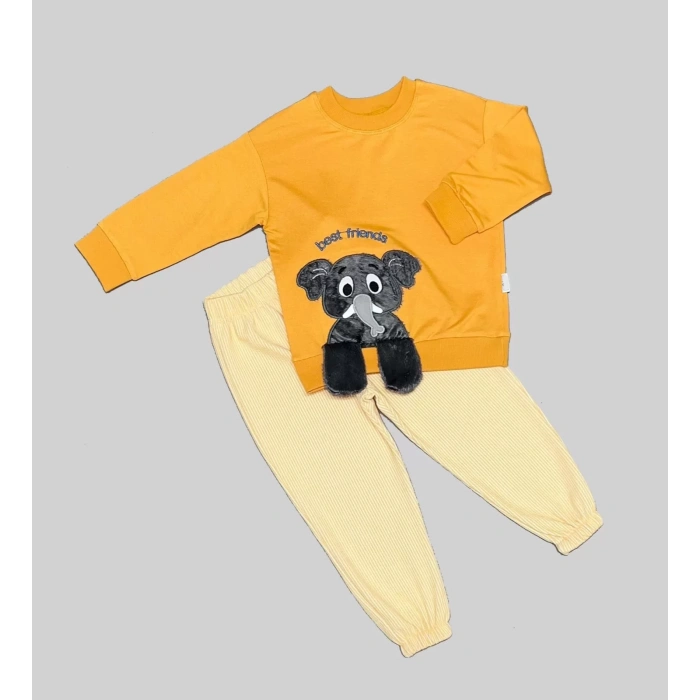 1,2,3 Yaş Filli Sallanan Ayak Desenli Likra Penye Kumaş Sweat Pantolonlu Kız Erkek 2li Çocuk Takımı Turuncu