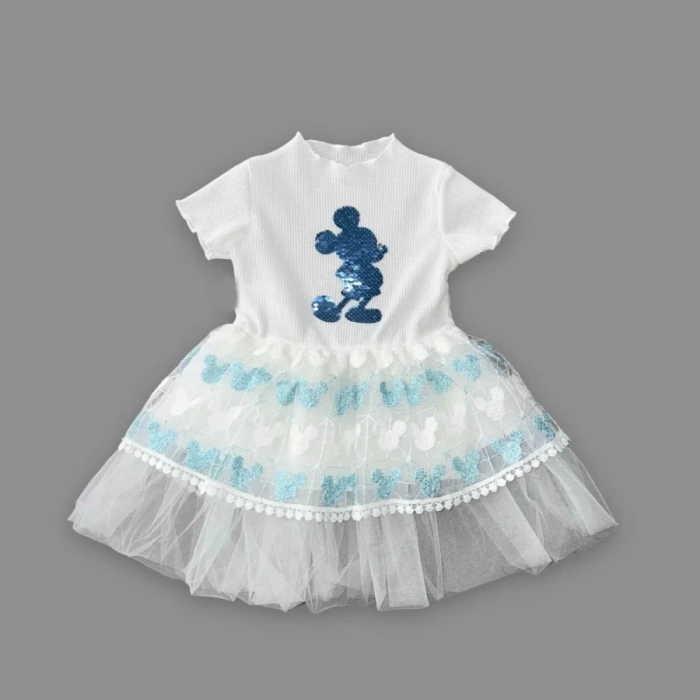 1-2-3 Yaş Payetli Mickey Baskılı Brode Etekli Kız Bebek Elbisesi Turkuaz