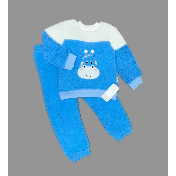 1,2,3 Yaş Ponponlu Zürafa Desenli Kuzu Kumaş Uzun Kollu 2li Kız Erkek Çocuk Takımı Saks Mavisi