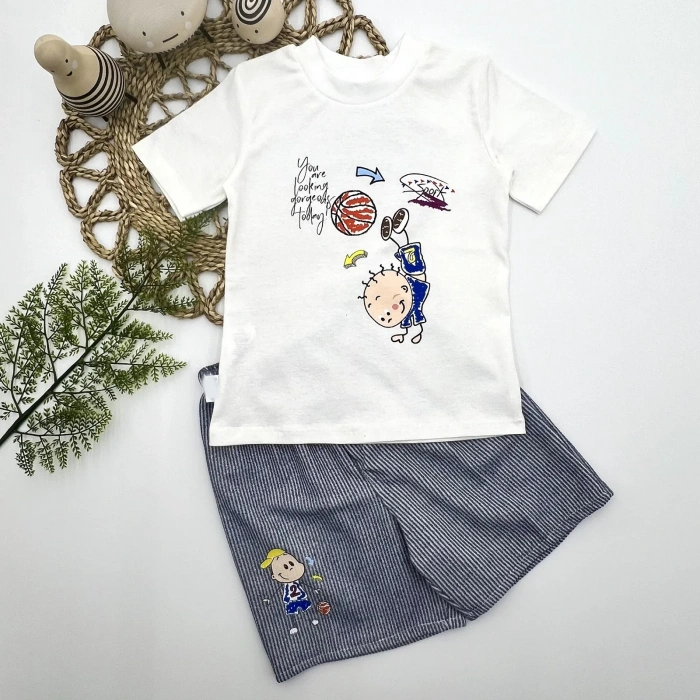 1-2-3 Yaş Topçu Erkek Çocuk Baskılı Şortlu Kısa Kollu Tişört 2li Erkek Bebek Takımı Lacivert