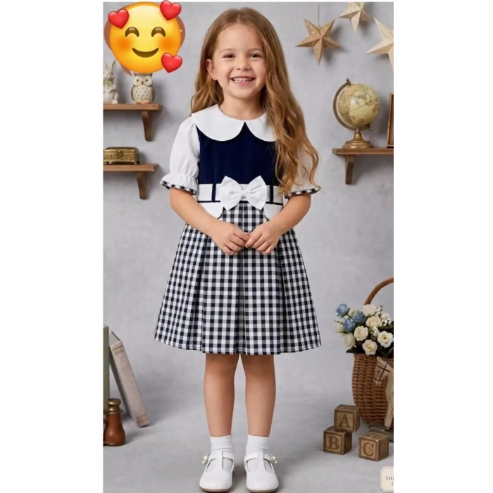 1/4 Yaş Kuğu Yakalı Ekose Çocuk Elbisesi