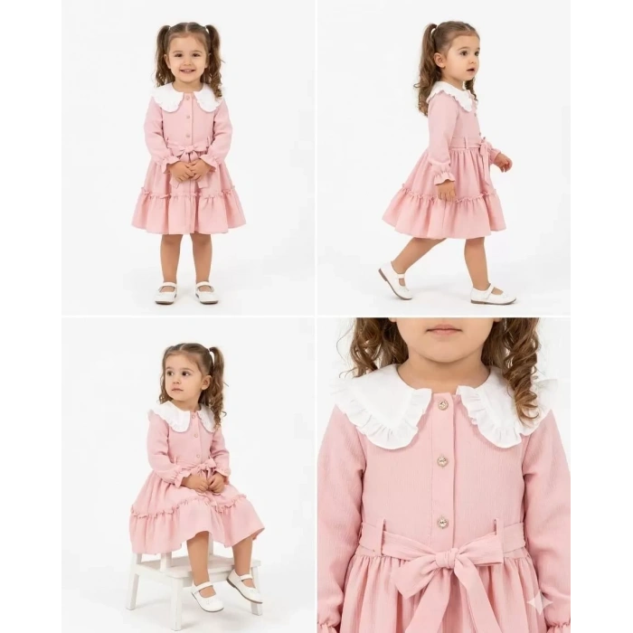 1/5 Yaş Düğme Detaylı Bebe Yaka Çocuk Elbisesi
