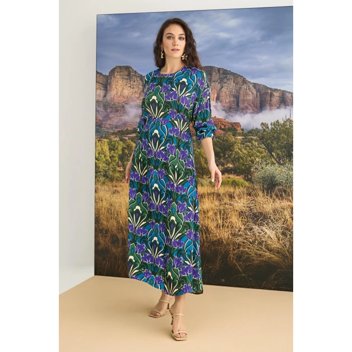 %100 Viskon Çiçek Desenli Saten Elbise