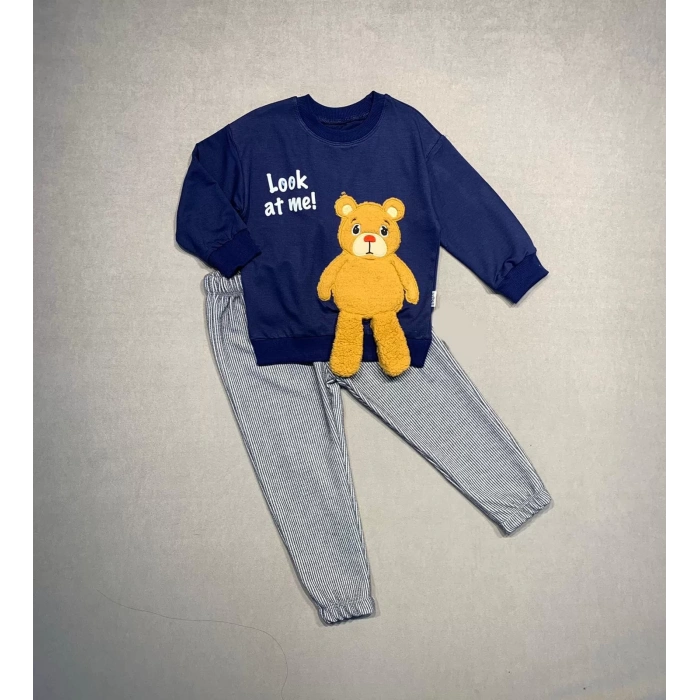 2,3,4 Yaş Ayıcık Sallanan Ayak Desenli Likra Penye Kumaş Sweat Pantolonlu Kız Erkek 2li Çocuk Takımı Lacivert