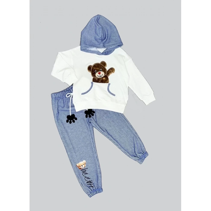 2,3,4 Yaş Pelüş Ayı Desenli Kapşonlu Uzun Kollu Penye Sweat 2li Erkek Çocuk Takımı Ekru