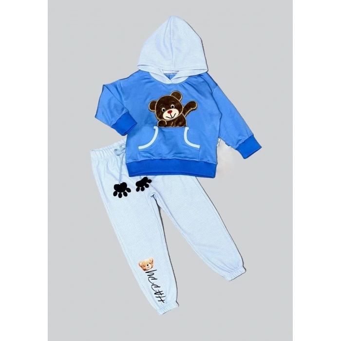 2,3,4 Yaş Pelüş Ayı Desenli Kapşonlu Uzun Kollu Penye Sweat 2li Erkek Çocuk Takımı İndigo