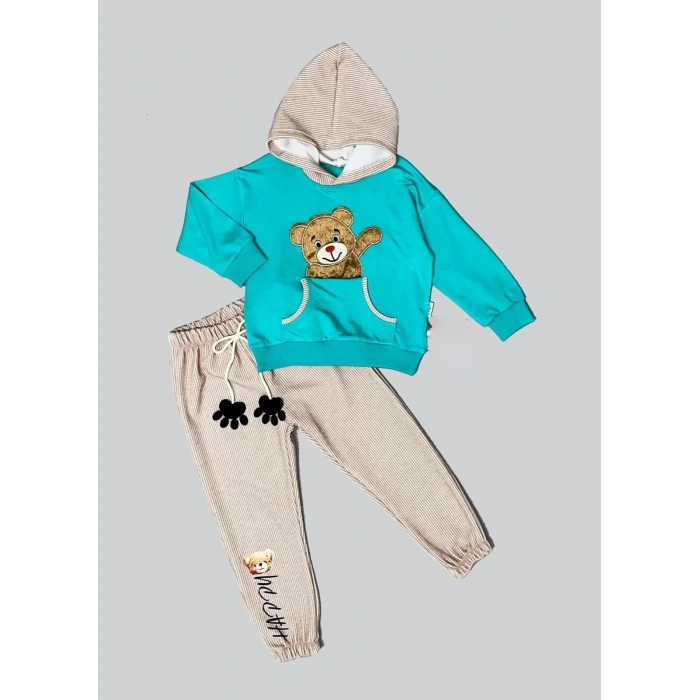 2,3,4 Yaş Pelüş Ayı Desenli Kapşonlu Uzun Kollu Penye Sweat 2li Erkek Çocuk Takımı Mint Yeşili