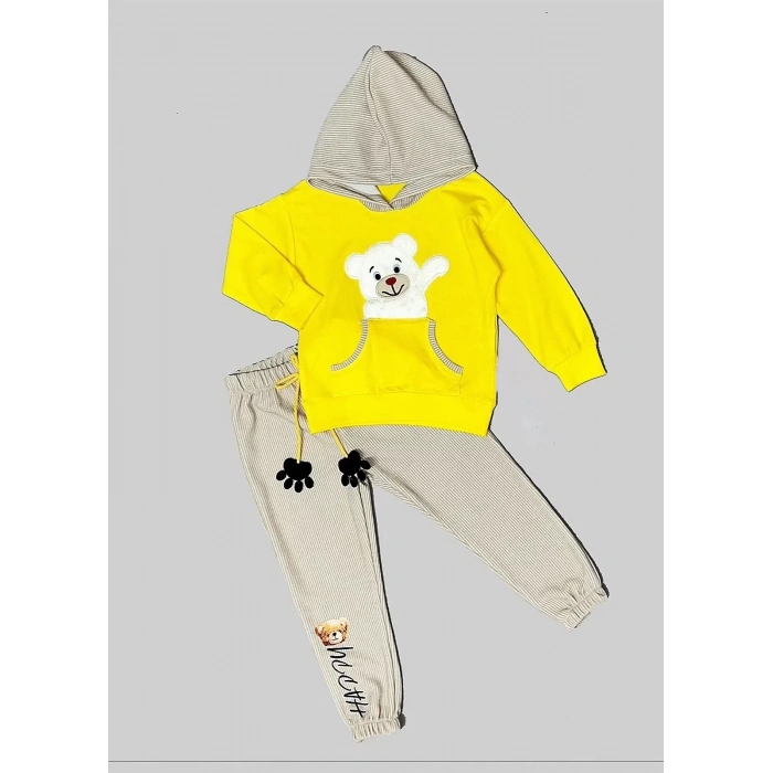 2,3,4 Yaş Pelüş Ayı Desenli Kapşonlu Uzun Kollu Penye Sweat 2li Erkek Çocuk Takımı Sarı