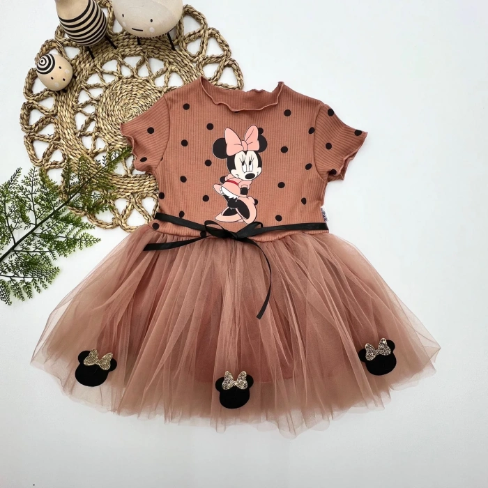 2-3-4 Yaş Puantiyeli Mickey Baskılı Kurdela Kuşaklı Astarlı Kız Bebek Tütü Elbisesi Kahverengi