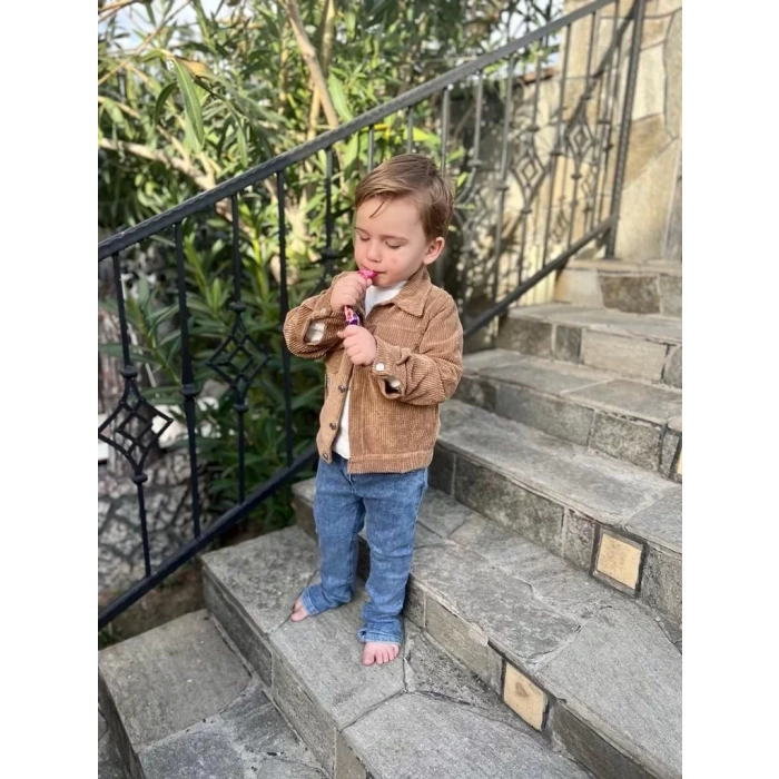 3,4,5 Yaş Fitilli Kadife Ceket Kot Pantolonlu 3lü Kız Erkek Çocuk Takımı Gül Kurusu