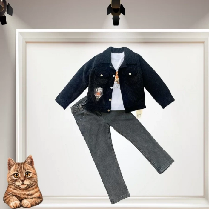 3,4,5 Yaş Fitilli Kadife Ceket Kot Pantolonlu 3lü Kız Erkek Çocuk Takımı Siyah