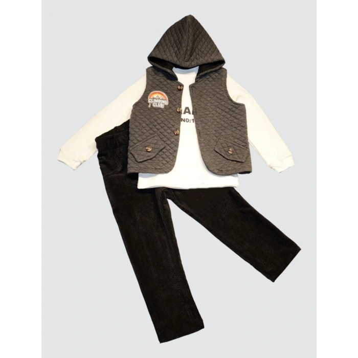 3-4-5 Yaş Fitilli Kadife Pantolon Kapitone Kapşonlu Yelek Uzun Kollu Sweat 3lü Erkek Çocuk Takımı Füme