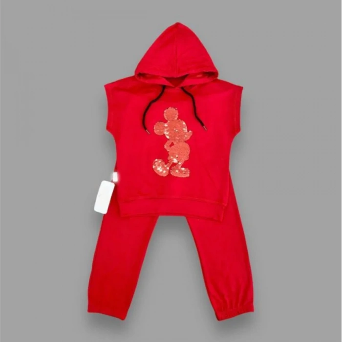 3-4-5 Yaş Kapşonlu Payetli Mickey Desenli Kısa Kol 2li Kız Erkek Çocuk Takımı Kırmızı