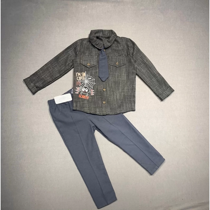 3,4,5 Yaş Kravatlı Keten Gömlek Gabardin Pantolon Uzun Kollu 3lü Erkek Çocuk Takımı Füme