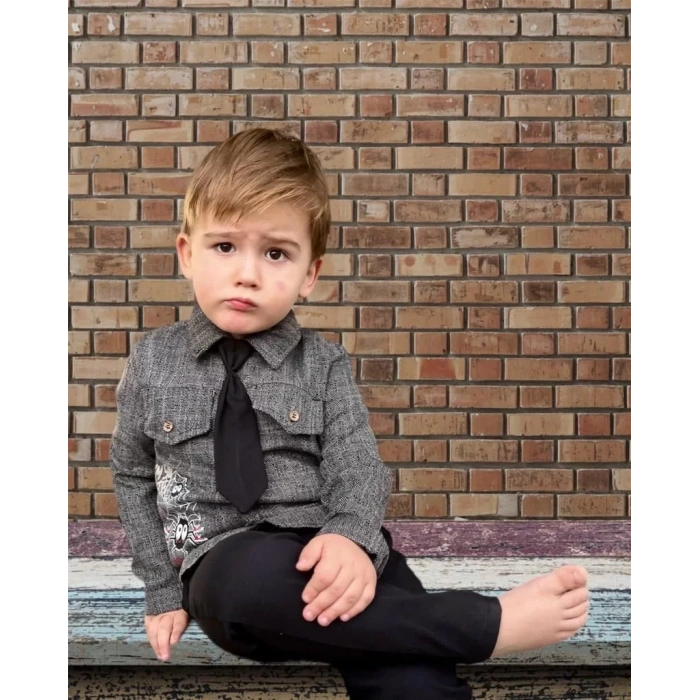 3,4,5 Yaş Kravatlı Keten Gömlek Gabardin Pantolon Uzun Kollu 3lü Erkek Çocuk Takımı Siyah