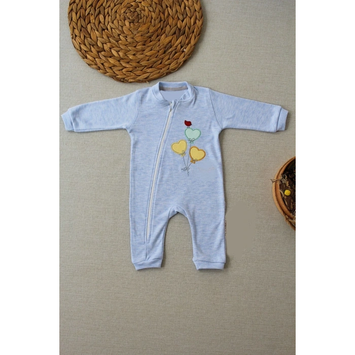 3-6 18-24 24-36 Ay Uçan Balonlar Nakışlı Ef Boy Fermuarlı Erkek Bebek Tulumu Mavi