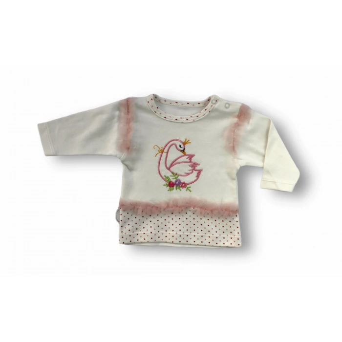 3-6 6-9 9-12 Ay Kraliçe Kuğu Nakışlı Bandajlı Uzun Kollu Sweatli 3lü Kız Bebek Takımı Ekru