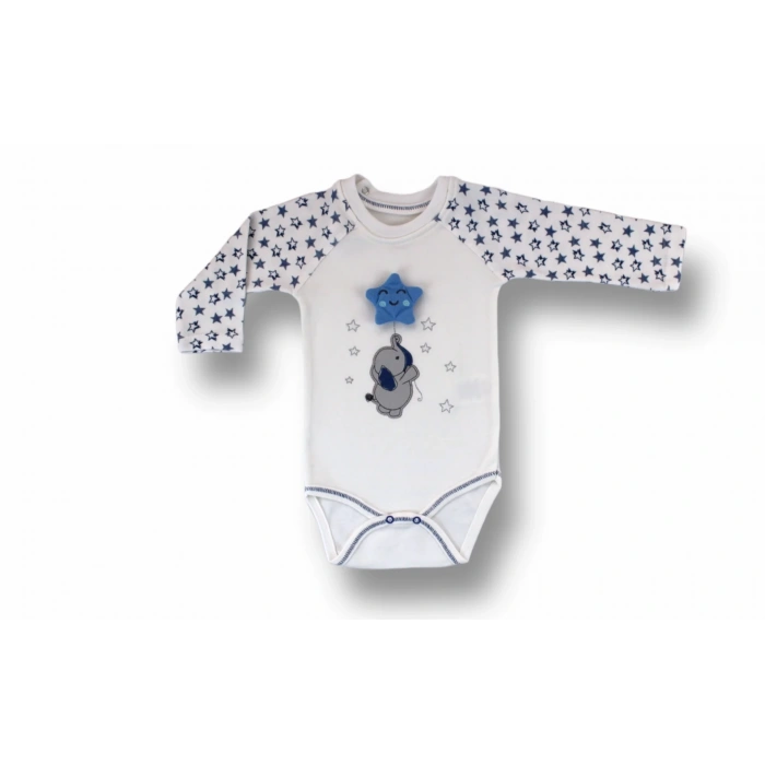 3-6 6-9 9-12 Ay Kutup Yıldızı Nakışlı Bandajlı Uzun Kollu Zıbınlı 3lü Erkek Bebek Takımı Ekru